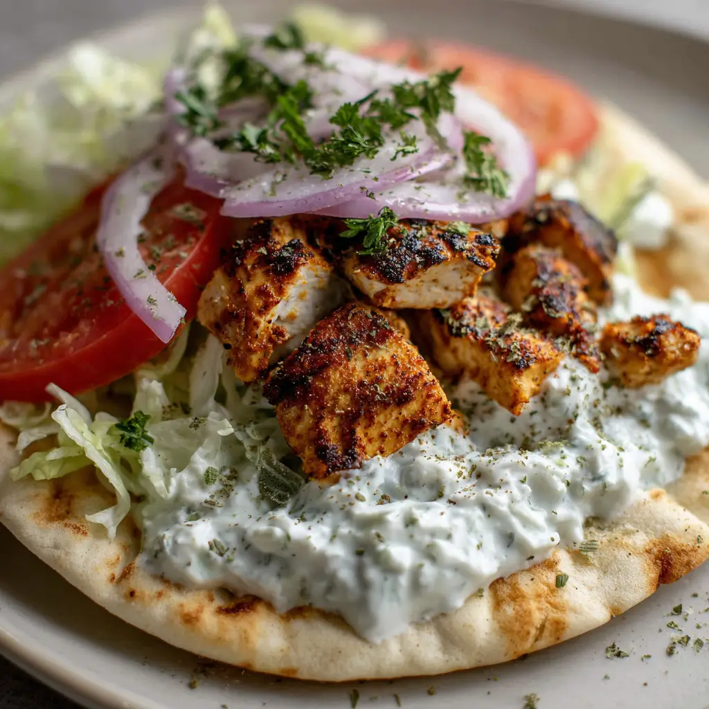 A close-up, detailed view of a Greek Chicken Gyro, showing the golden-orange spice coating on the juicy, grilled chicken chunks.