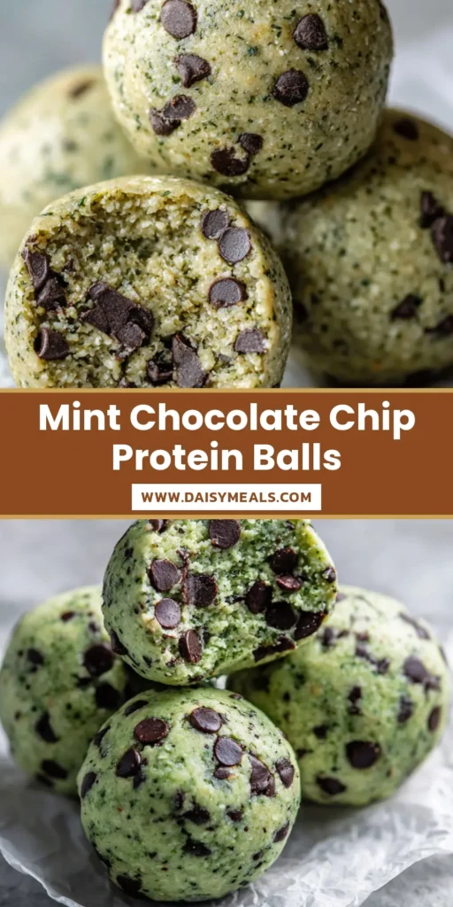 A close-up photo of several mint chocolate chip protein balls on parchment paper, with one broken in half to show the fudgy interior. (Mint Chocolate Chip Protein Balls)