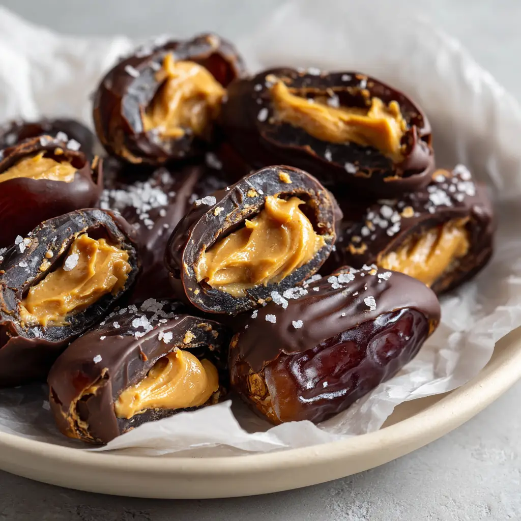 A process shot showing stuffed Medjool dates being dipped into a bowl of smooth, melted dark chocolate before being coated.