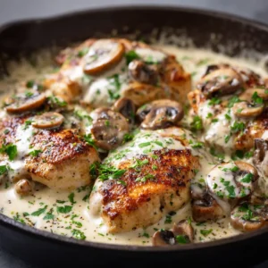 A detailed shot of golden-brown seared chicken simmering in a rich, creamy Boursin cheese sauce with sauteed cremini mushrooms.