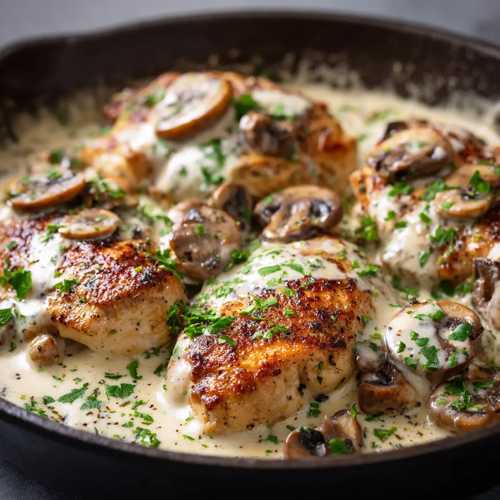 A detailed shot of golden-brown seared chicken simmering in a rich, creamy Boursin cheese sauce with sauteed cremini mushrooms.