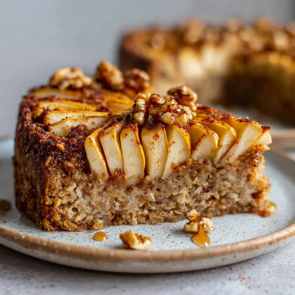 Healthy Oatmeal Apple Cake: A Wholesome Slice of Heaven 1 A profile view of the healthy oatmeal apple cake slice, showing the thick layer of baked oats and diced apples inside.