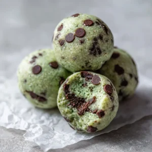 A close-up handheld smartphone photo of three mint chocolate chip protein balls on crinkled parchment paper. (Mint Chocolate Chip Protein Balls)