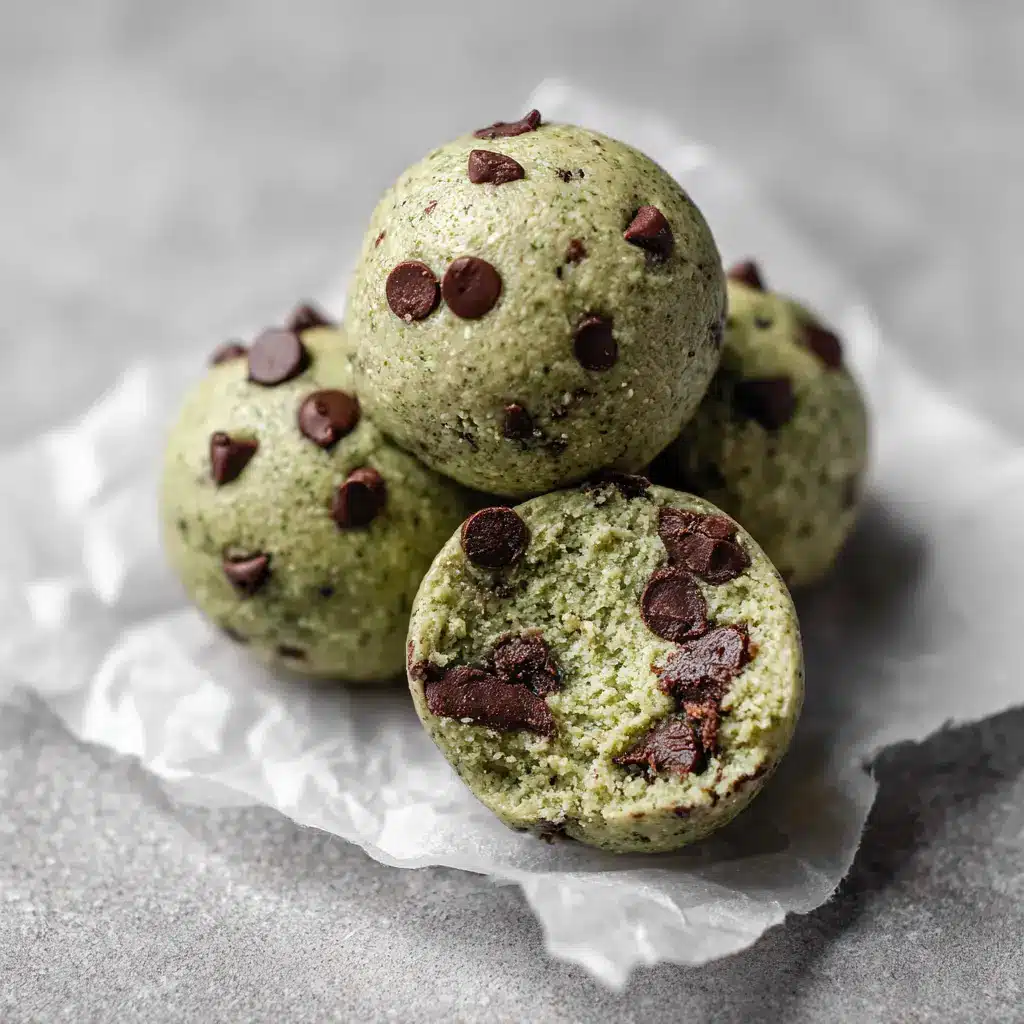 One mint chocolate chip protein ball broken in half to reveal a dense, chewy, pale green interior dotted with chocolate chips.
