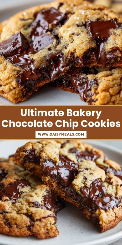 A thick, golden-brown bakery-style chocolate chip cookie broken open to reveal a chewy interior with large pools of gooey melted chocolate. (Bakery-Style Chocolate Chip Cookies)