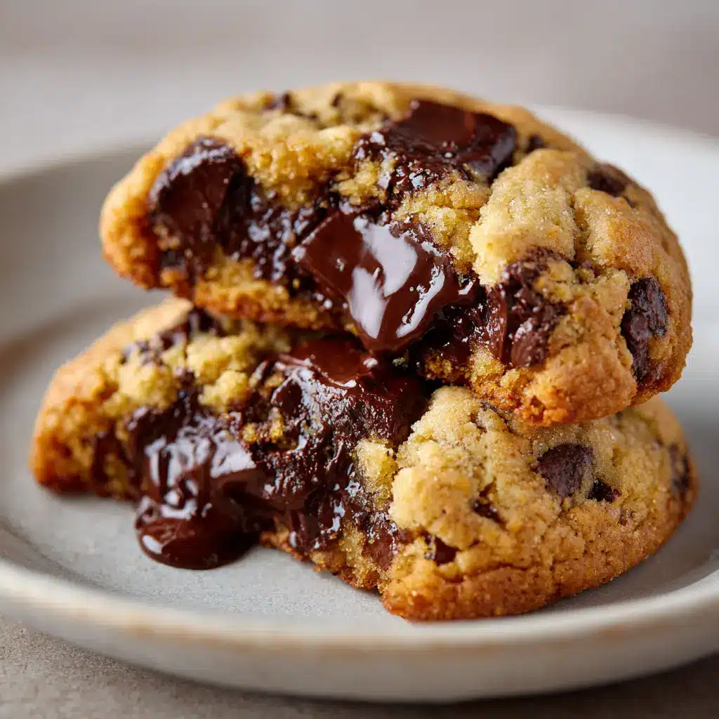 The dense, chewy interior of a bakery-style chocolate chip cookie, highlighted by massive pools of gooey, melted dark chocolate.