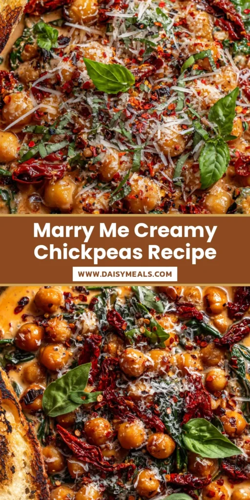 Overhead view of Marry Me Creamy Chickpeas in a skillet with sun-dried tomatoes, spinach, and a slice of charred sourdough bread.