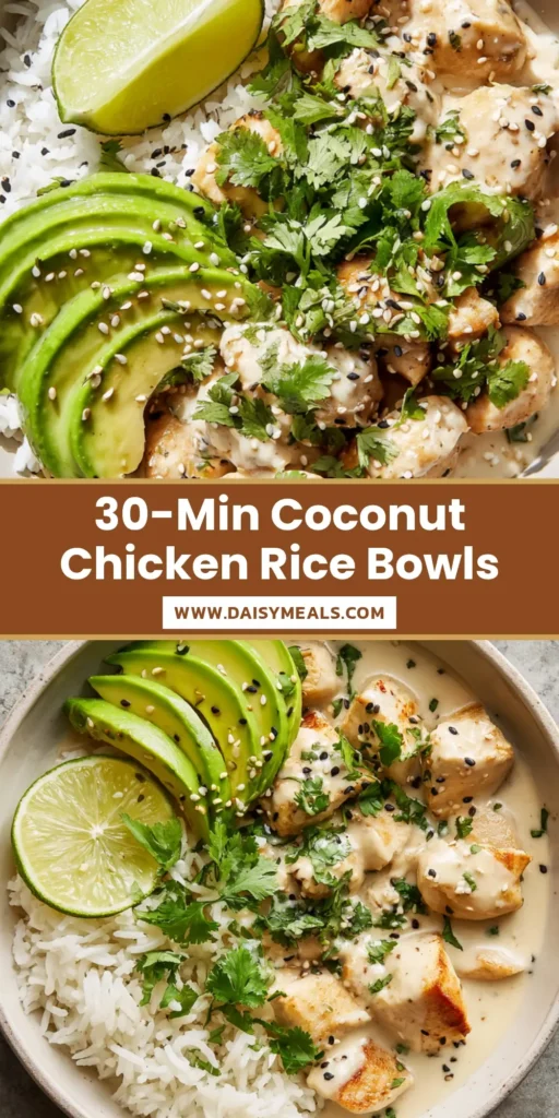 A top-down view of a Coconut Chicken Rice Bowl in a white bowl with fanned avocado and cilantro.