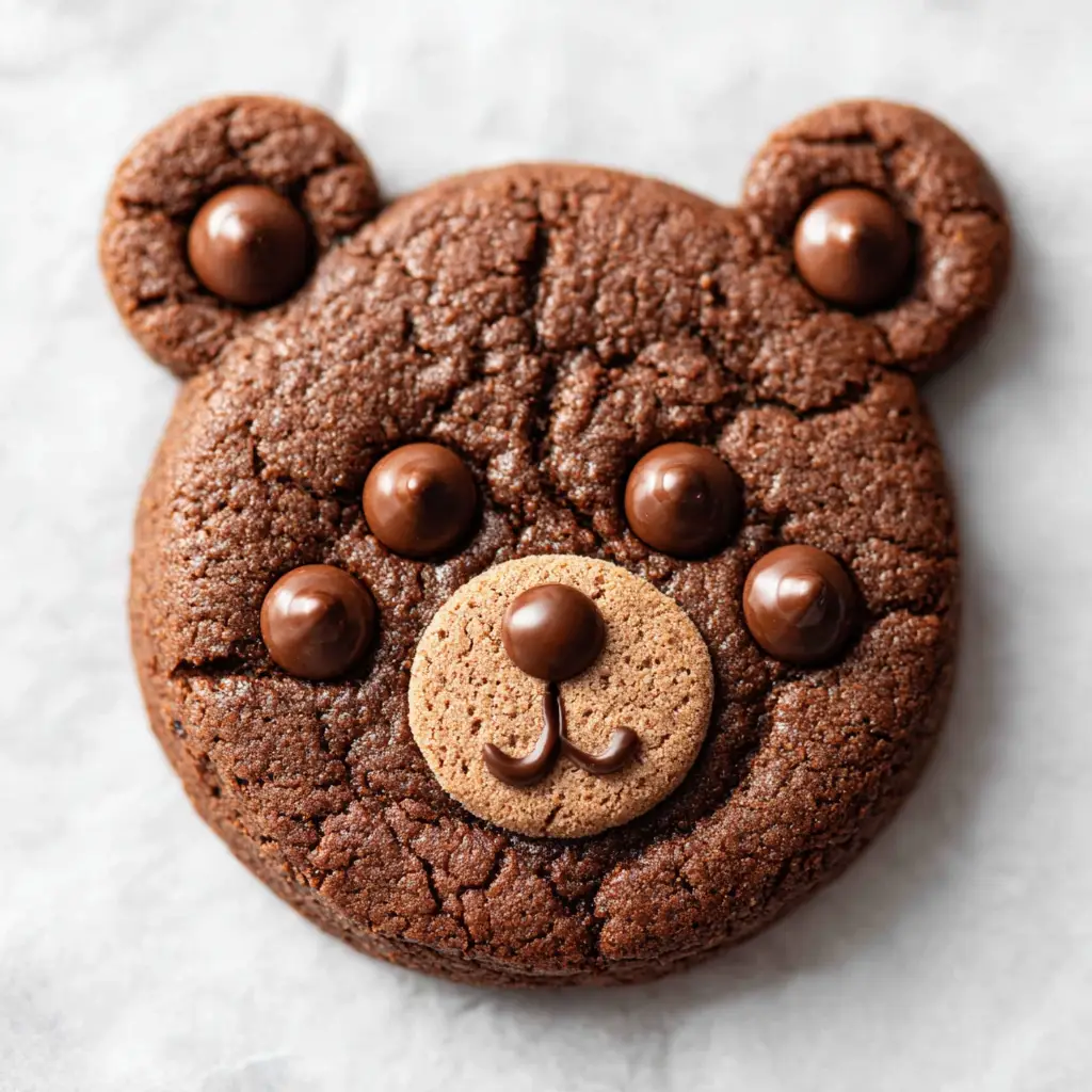 Close up detail of the smooth dough snout and mini chocolate chip eyes on a bear cookie.