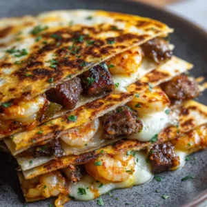 Close-up of a sliced Steak and Shrimp Quesadilla showing oozing cheese, caramelized steak, and reddish-orange shrimp.
