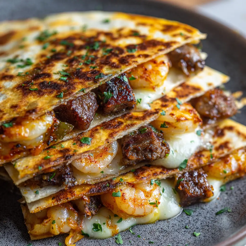 Steak and Shrimp Quesadillas: The Ultimate Surf and Turf Comfort Food 2 Close-up of a sliced Steak and Shrimp Quesadilla showing oozing cheese, caramelized steak, and reddish-orange shrimp.