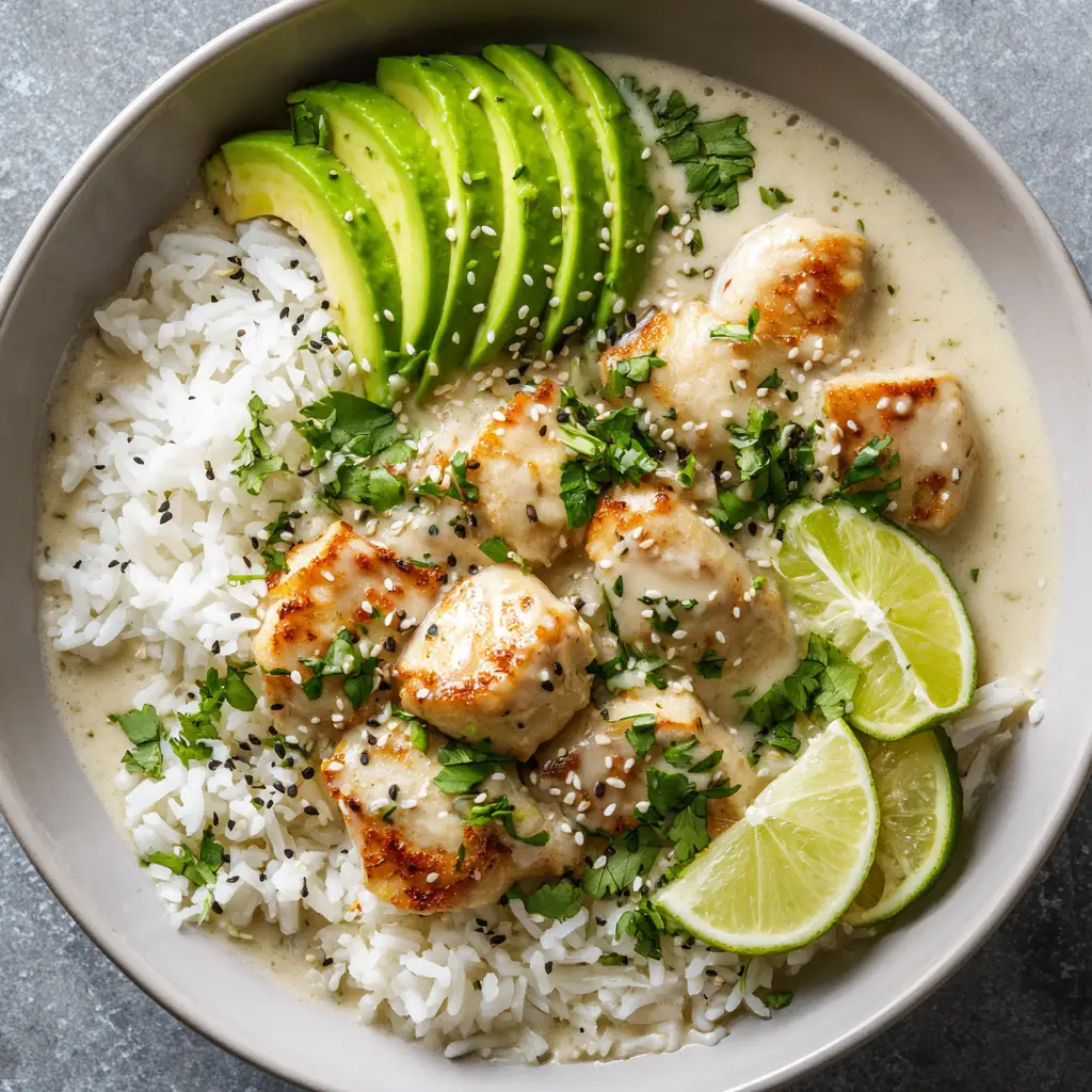 Close-up of pan-seared chicken breast chunks in a glossy ivory coconut milk sauce. (Coconut Chicken Rice Bowl)