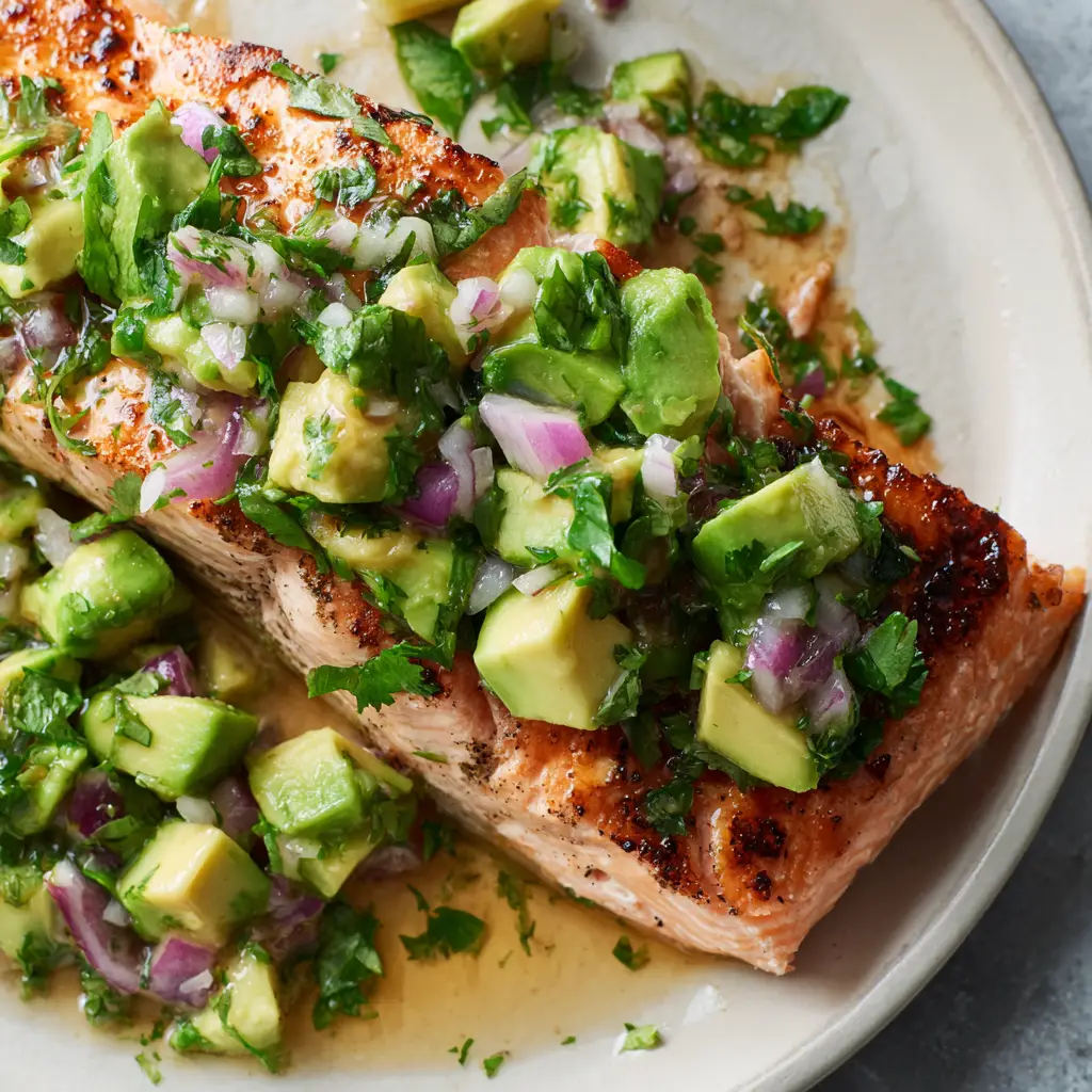 Chunky avocado salsa featuring bright green avocado and red onions on top of Cilantro Lime Salmon.