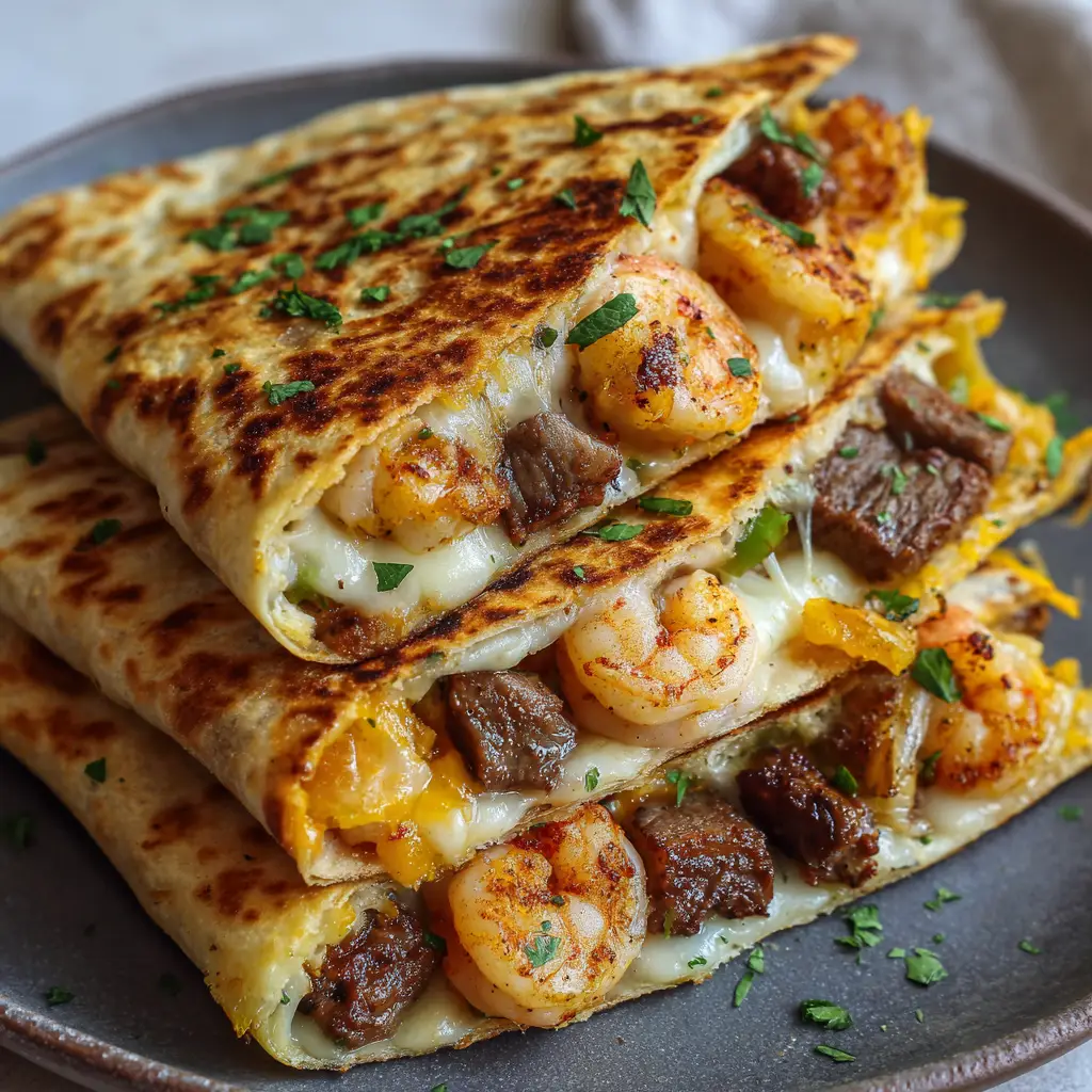 Steak and Shrimp Quesadillas: The Ultimate Surf and Turf Comfort Food 1 Sizzling Steak and Shrimp Quesadillas on a dark ceramic plate with visible blistered flour tortillas.
