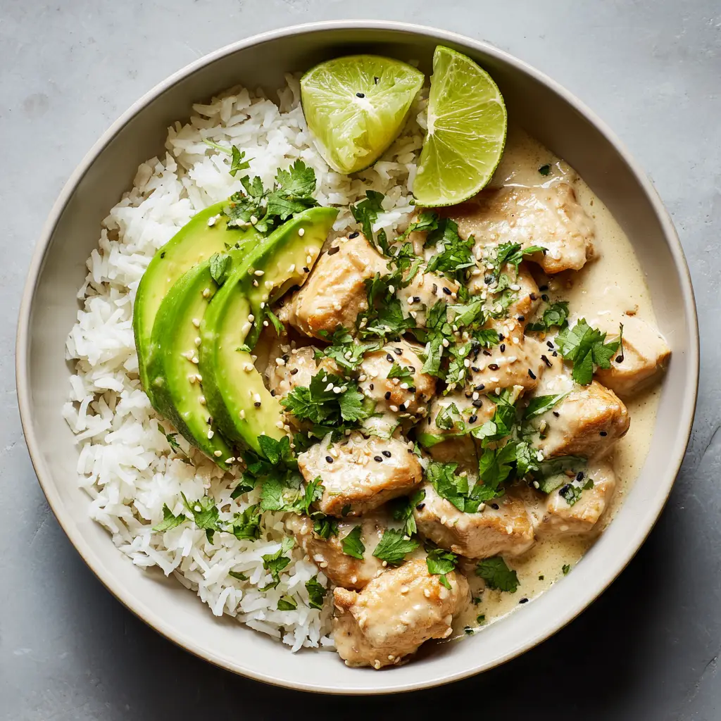 Full top-down view of the Coconut Chicken Rice Bowl with neatly fanned avocado and sesame seeds.