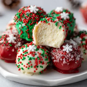 Spherical No-Bake Christmas Cheesecake Bites on a ceramic plate, one cut in half to show the creamy white filling.