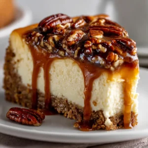 Top view of a Pecan Pie Cheesecake showing the thick layer of roasted pecans and sticky amber caramel sauce.