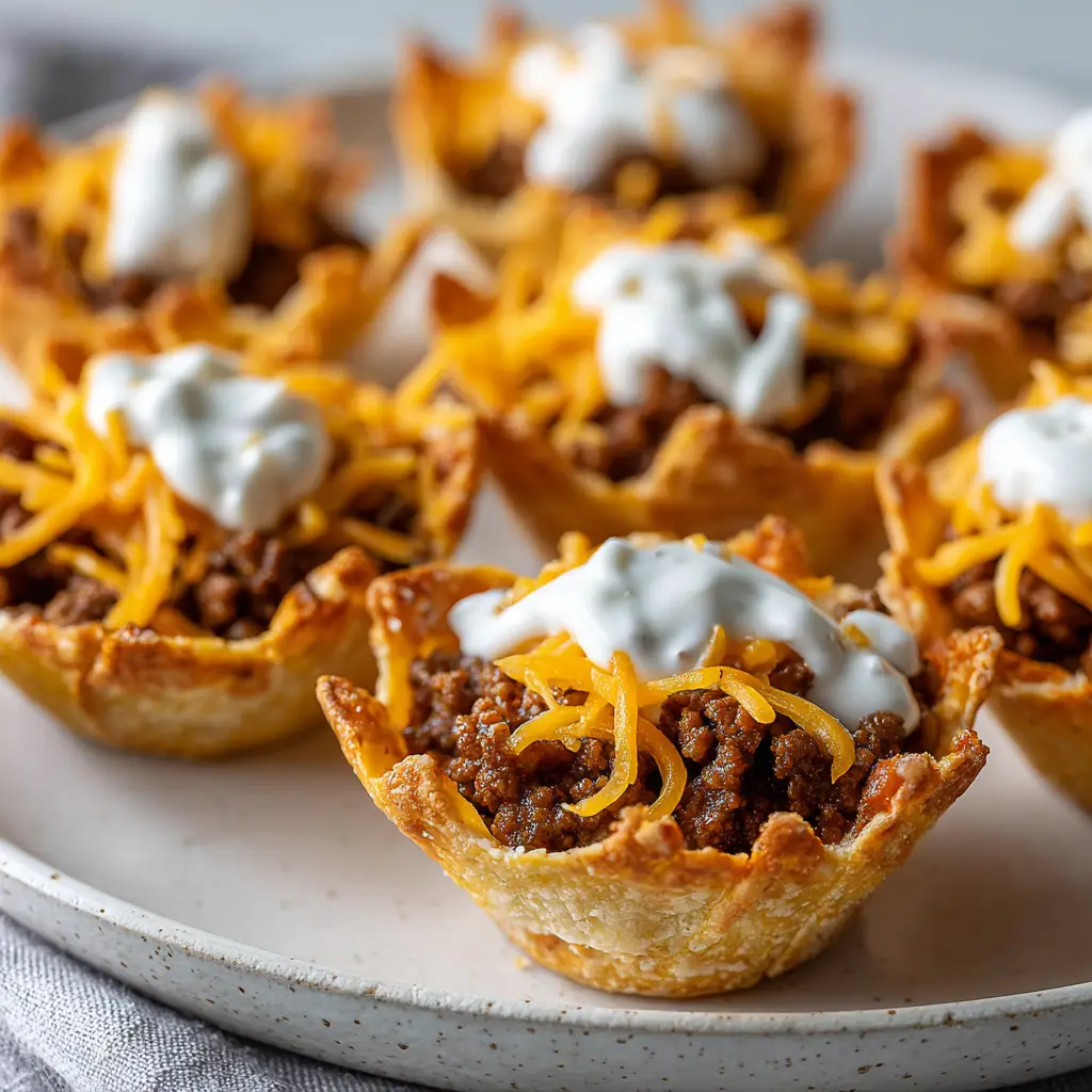 Extreme close-up of Taco Ranch Bites with melted orange cheddar and seasoned beef inside a toasted tortilla cup. (Taco Ranch Bites)
