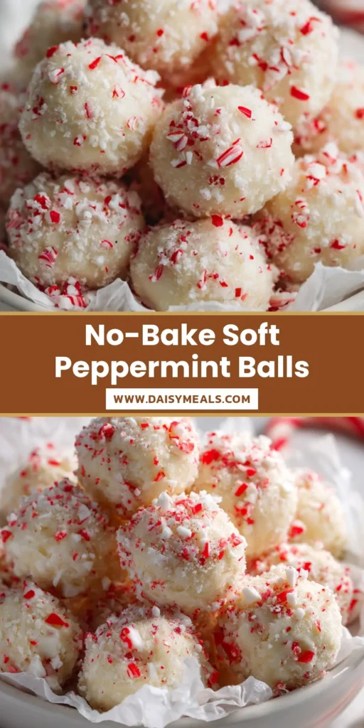 A close-up vertical shot of No-Bake Peppermint Balls coated in crushed candy canes on white parchment paper.