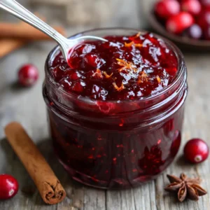 A close up shot of a half full mason jar of thick, glossy, deep ruby red Christmas Jam with visible orange zest and fruit pieces.