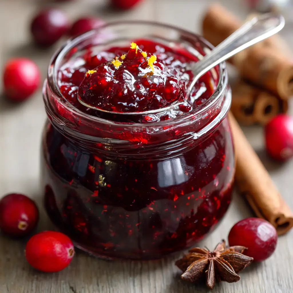 A silver spoon resting in a jar of Christmas Jam, showing the glossy coating and chunks of softened cranberries.