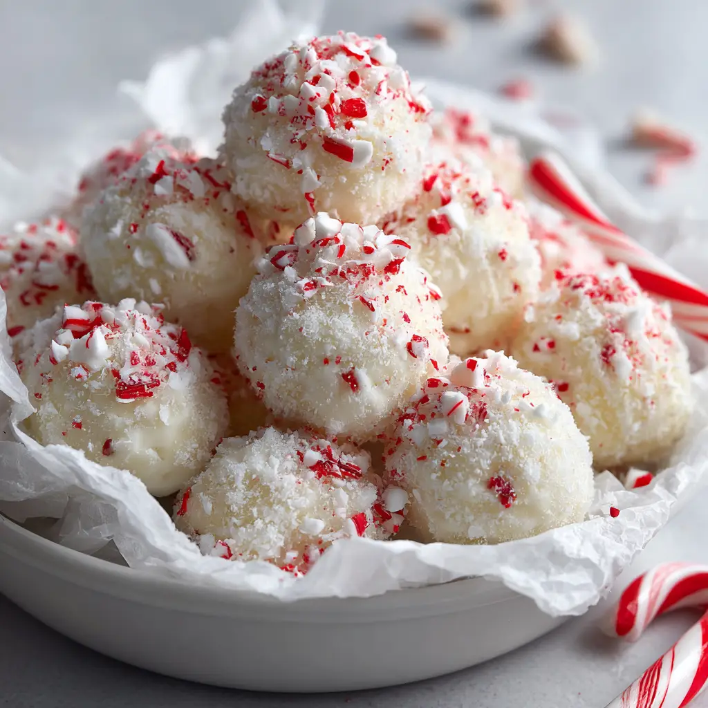 A pile of round No-Bake Peppermint Balls showing the creamy white texture and red candy cane coating.