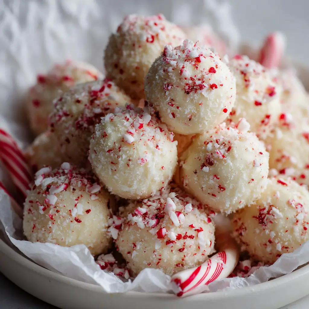 Bite-sized No-Bake Peppermint Balls dusted with powdered sugar in a white ceramic dish.