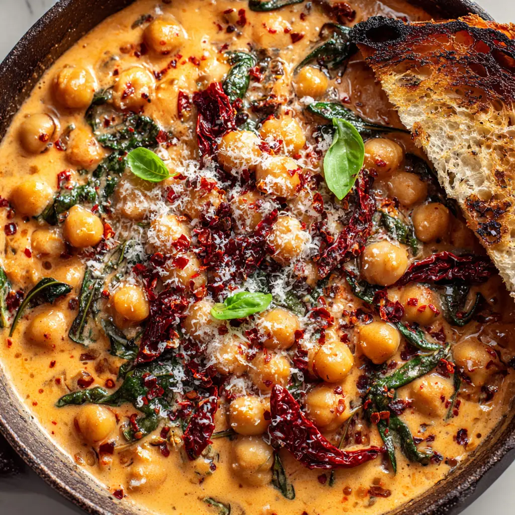 A close-up shot showing the velvety orange-red sauce and plump chickpeas of the Marry Me Creamy Chickpeas skillet.