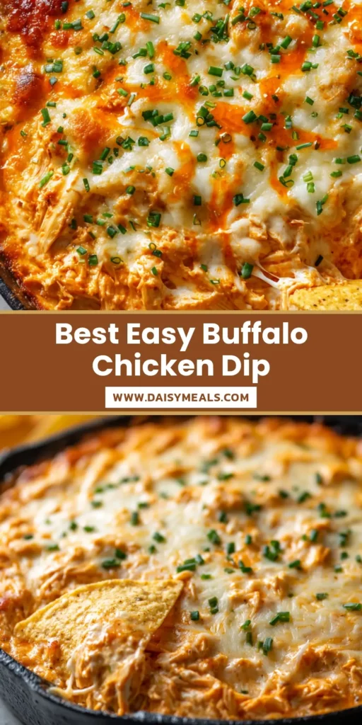 A close-up of creamy Buffalo Chicken Dip in a cast iron skillet with melted blistered cheese and a tortilla chip. (Buffalo Chicken Dip)