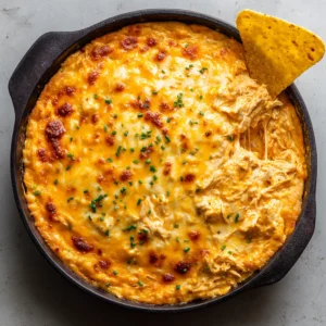 Overhead shot of Buffalo Chicken Dip in a black skillet showing bubbly cheese and fresh chives. (Buffalo Chicken Dip)