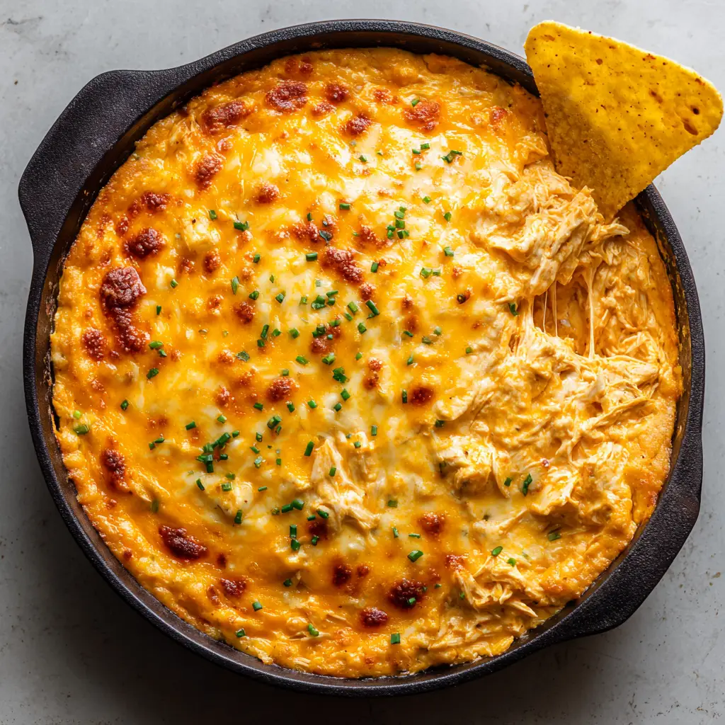 Overhead shot of Buffalo Chicken Dip in a black skillet showing bubbly cheese and fresh chives. (Buffalo Chicken Dip)