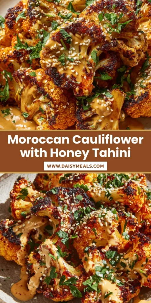 A pile of Moroccan Cauliflower with charred edges, creamy tahini drizzle, golden honey, and fresh parsley. (Moroccan Cauliflower)