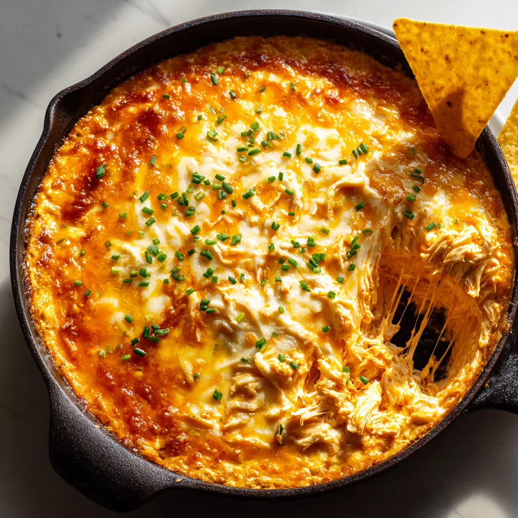 Close-up of blistered golden cheddar cheese on top of a Buffalo Chicken Dip with orange sauce drizzle.