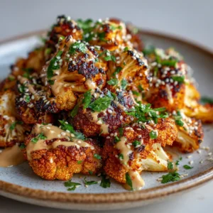 Close-up of spice-coated Moroccan Cauliflower with visible charred edges and glossy honey drizzle. (Moroccan Cauliflower)