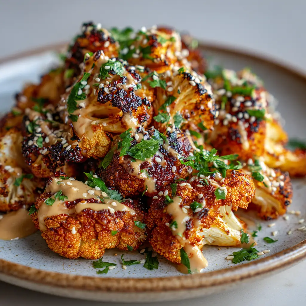 Close-up of spice-coated Moroccan Cauliflower with visible charred edges and glossy honey drizzle. (Moroccan Cauliflower)