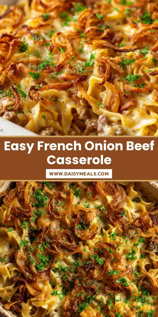 A close-up vertical shot of French Onion Beef Casserole with melted bubbly cheese and crispy onion strings in a rustic dish.