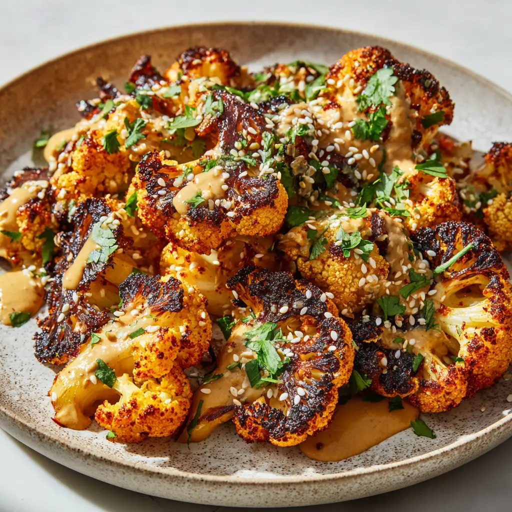 Roasted Moroccan Cauliflower garnished with white sesame seeds and green parsley flakes on a rustic plate.