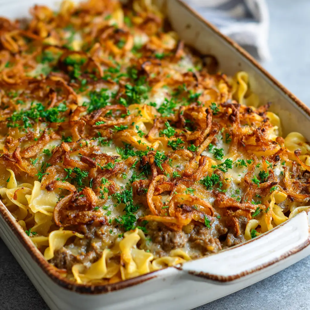 Close-up of freshly baked French Onion Beef Casserole showing the light brown sauce and green parsley flakes.