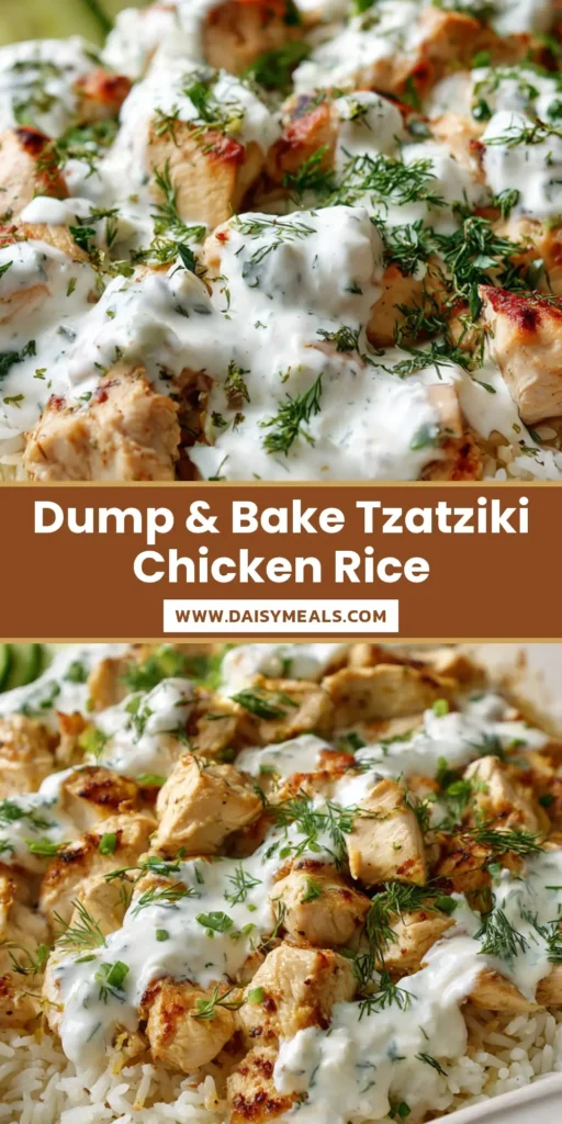 A close-up shot of Dump-and-Bake Chicken Tzatziki Rice in a ceramic dish, featuring roasted chicken, fluffy rice, and dollops of creamy white sauce. (Dump-and-Bake Chicken Tzatziki Rice)