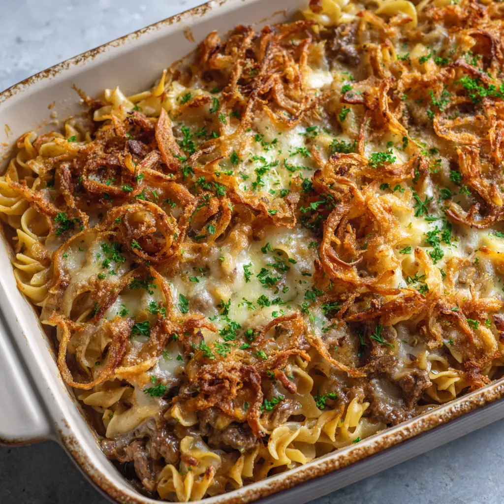 Side view of the casserole dish showing layers of egg noodles and the thick golden-brown crispy topping.