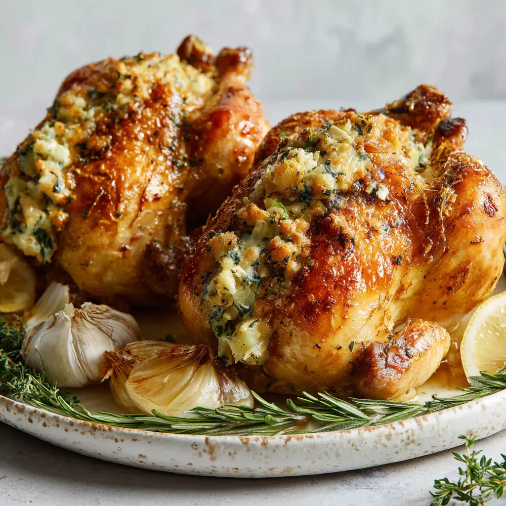 A close up of roasted Stuffed Cornish Game Hens showing the texture of the crispy skin and herb butter glaze.