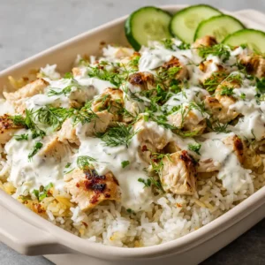 A top-down view of tender golden-brown roasted chicken chunks on a bed of steam-cooked white rice. (Dump-and-Bake Chicken Tzatziki Rice)