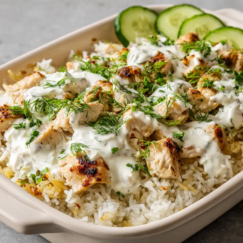 A top-down view of tender golden-brown roasted chicken chunks on a bed of steam-cooked white rice. (Dump-and-Bake Chicken Tzatziki Rice)