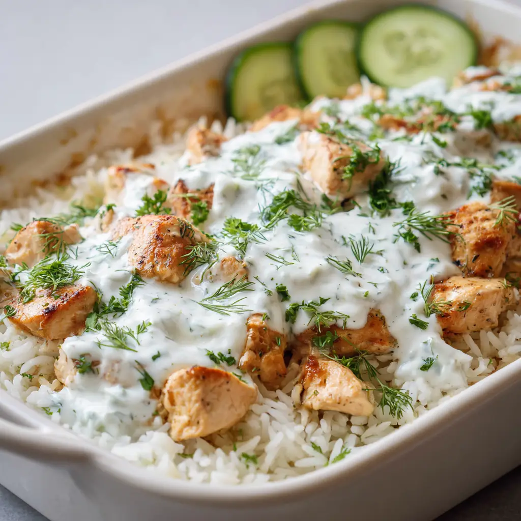 Close-up of creamy tzatziki sauce swooped over baked chicken and garnished with fresh dill and sliced English cucumber.