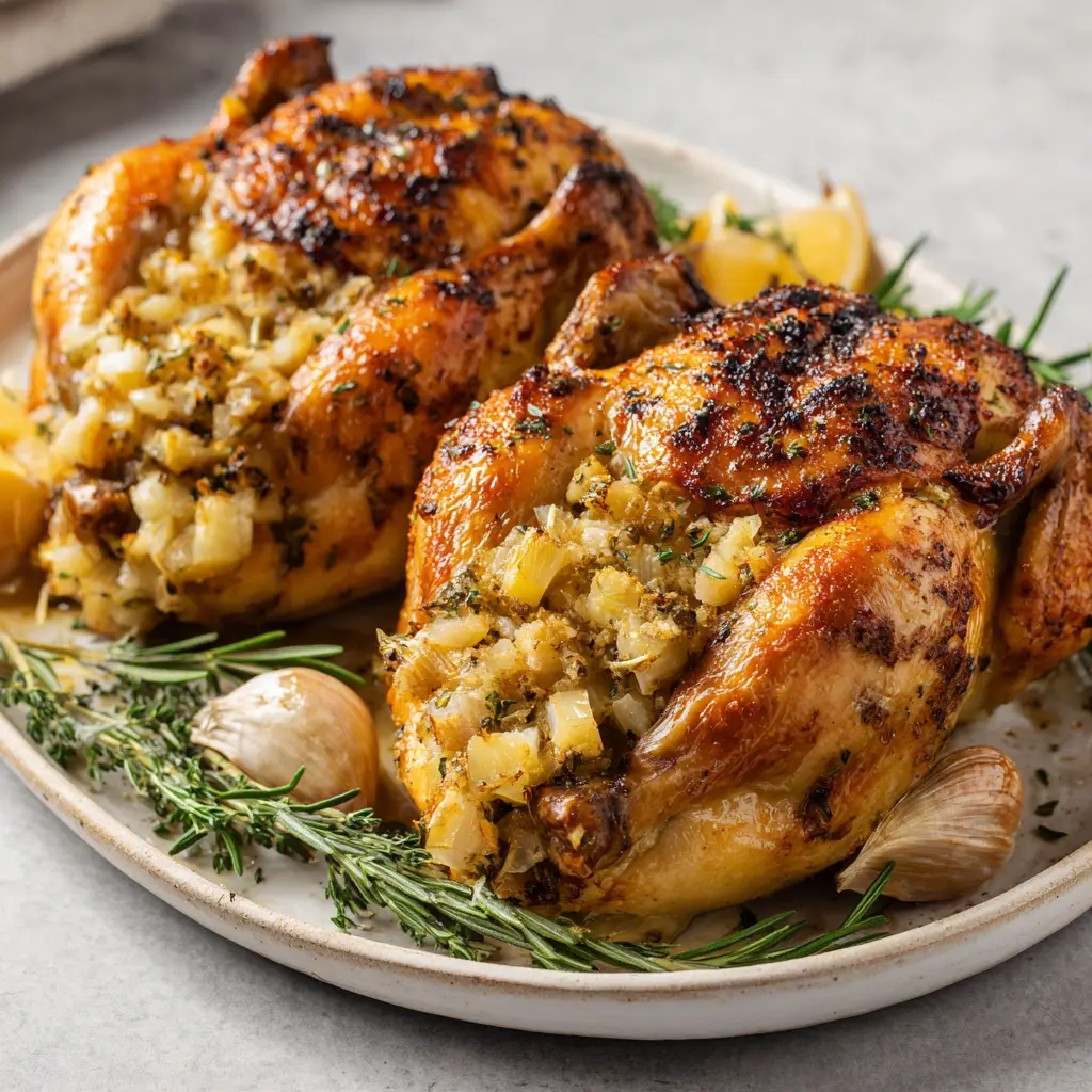 Stuffed Cornish Game Hens plated with whole roasted garlic cloves and lemon wedges on a rustic platter.