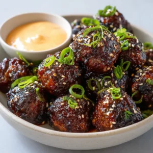 Close-up of glazed Korean BBQ Meatballs in a white bowl with sesame seeds. (Korean BBQ Meatballs)