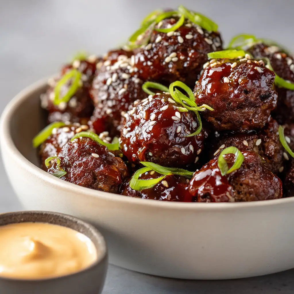 A shallow bowl of Korean BBQ Meatballs next to a small cup of pale orange spicy mayo.