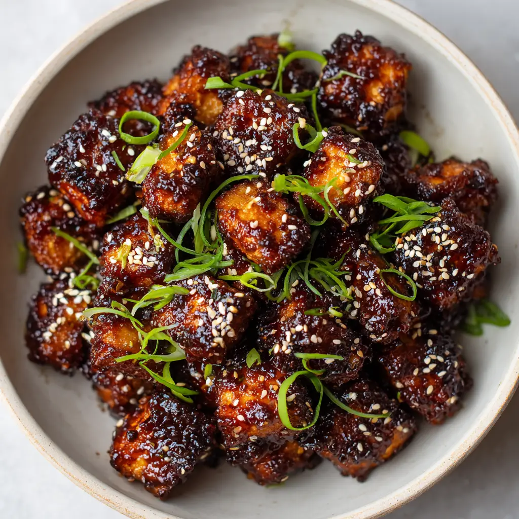 Close-up of crispy air-fried tofu cubes with textured edges and a dark amber glaze. (Honey Garlic Air Fryer Tofu)