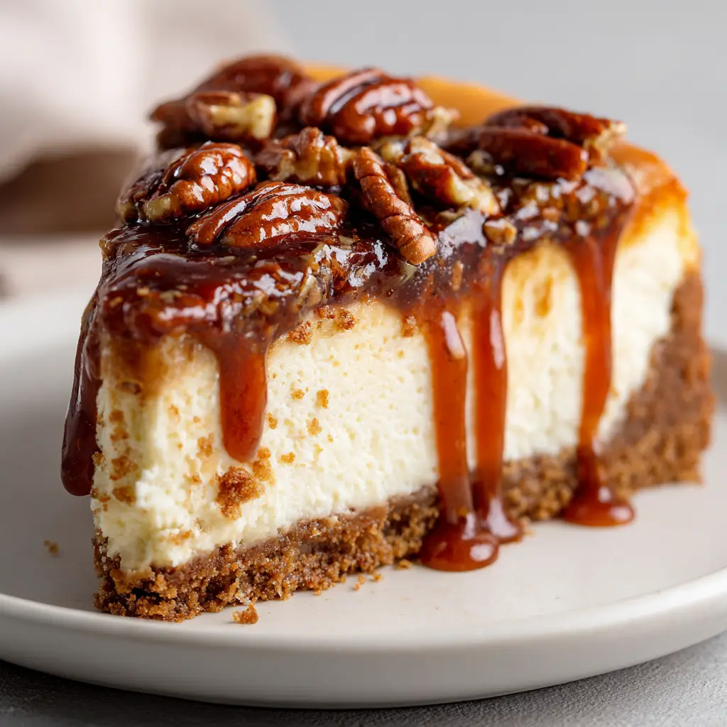 Side view of a Pecan Pie Cheesecake slice highlighting the crumbly graham cracker crust and smooth cream filling.