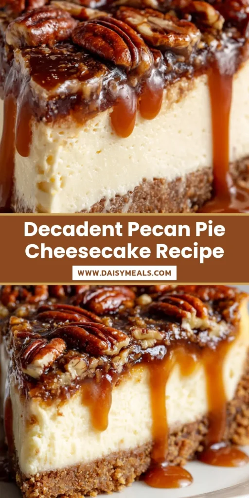 A close-up slice of Pecan Pie Cheesecake with cascading dark amber caramel and roasted pecan halves on a white plate.